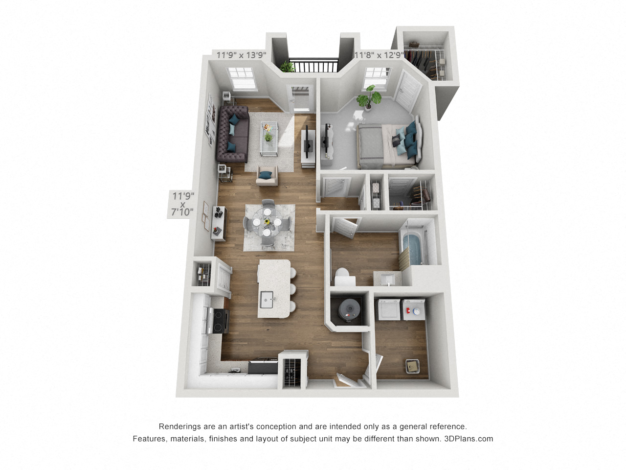 Floor plan for 1 bed, 1 bath, 855 sqft